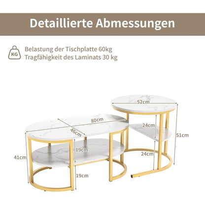 Set van 2 Moderne Salontafels – Ovale Tafel – Ronde Bijzettafel – Witte Marmerlook – Gouden Metalen Poten – Compact Formaat – Eenvoudig te Monteren