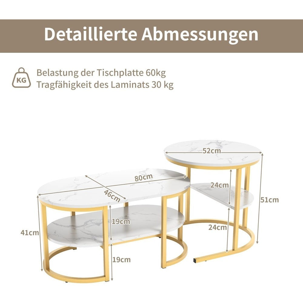 Salontafel – Bijzettafel – Woonkamertafel – Tafellenset – Ovaal en Rond – Wit Goud Faux Marmer – Ruimtebesparend en Stevig MDF