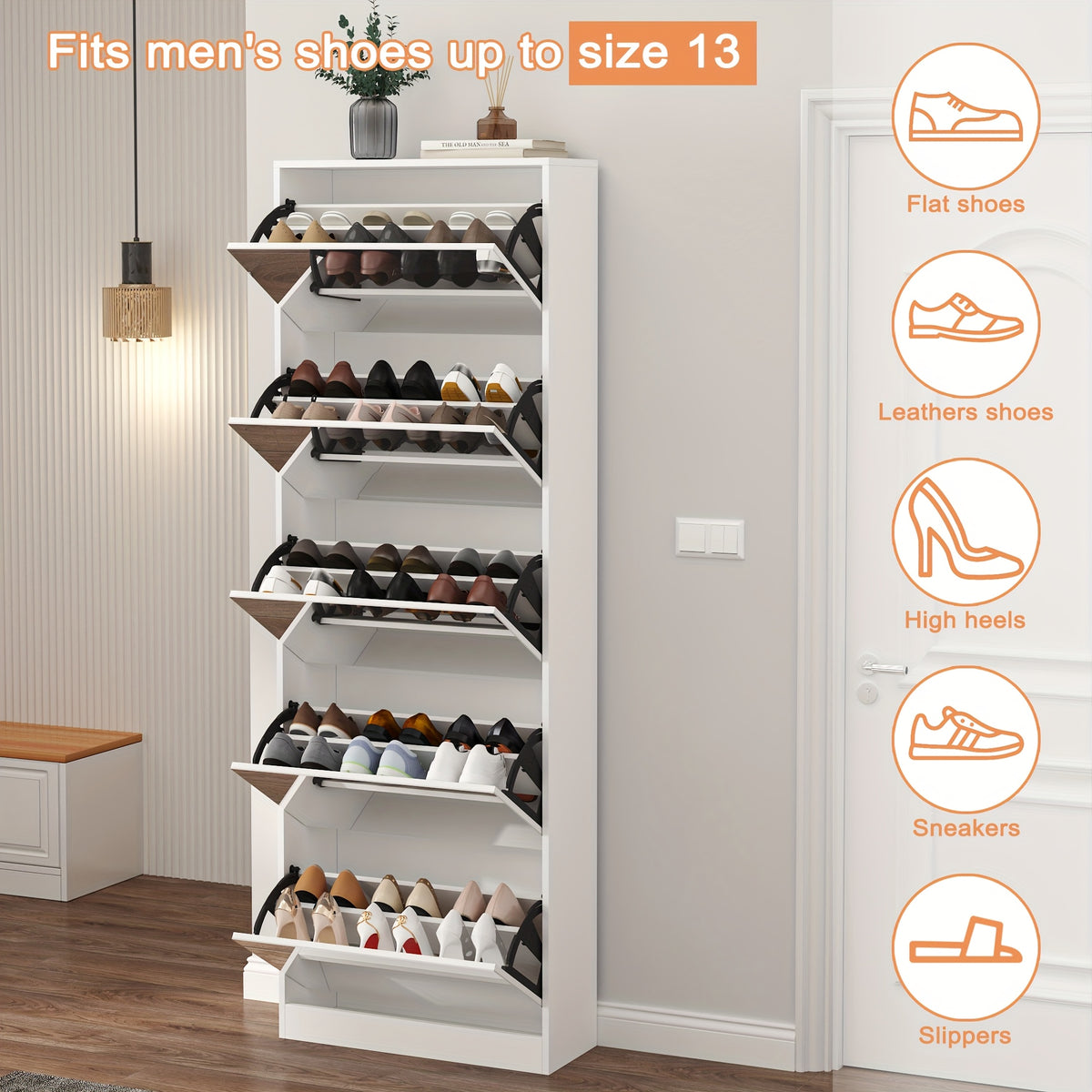 Shoe Storage Unit with a Full-Length Mirror, Featuring a Double Rack And Five Flip Drawers, Designed in White Wood for Organizing Shoes in Entryways, Hallways, And Corridors.