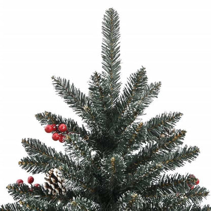 180cm Large Pre-Decorated PVC Artificial Christmas Tree with Stand - Full Tree with Pine Cones & Red Berries, Sturdy Steel Base, Dark Green & White Foliage, 30 Red/Black Ornaments, 28 Berry Clusters, 489 Pointed & 268 Straigh