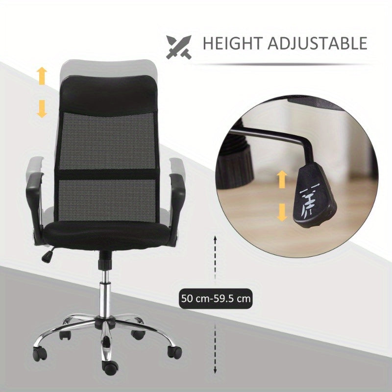HOMCOM Ergonomic Office Chair Adjustable Height Mesh Computer Desk Chair with 360° Swivel & Tilt Tension Control, Breathable Black Mesh Backrest & Metal Frame, Manual Operation for Home Office & Gaming, Office Desk Chair, St
