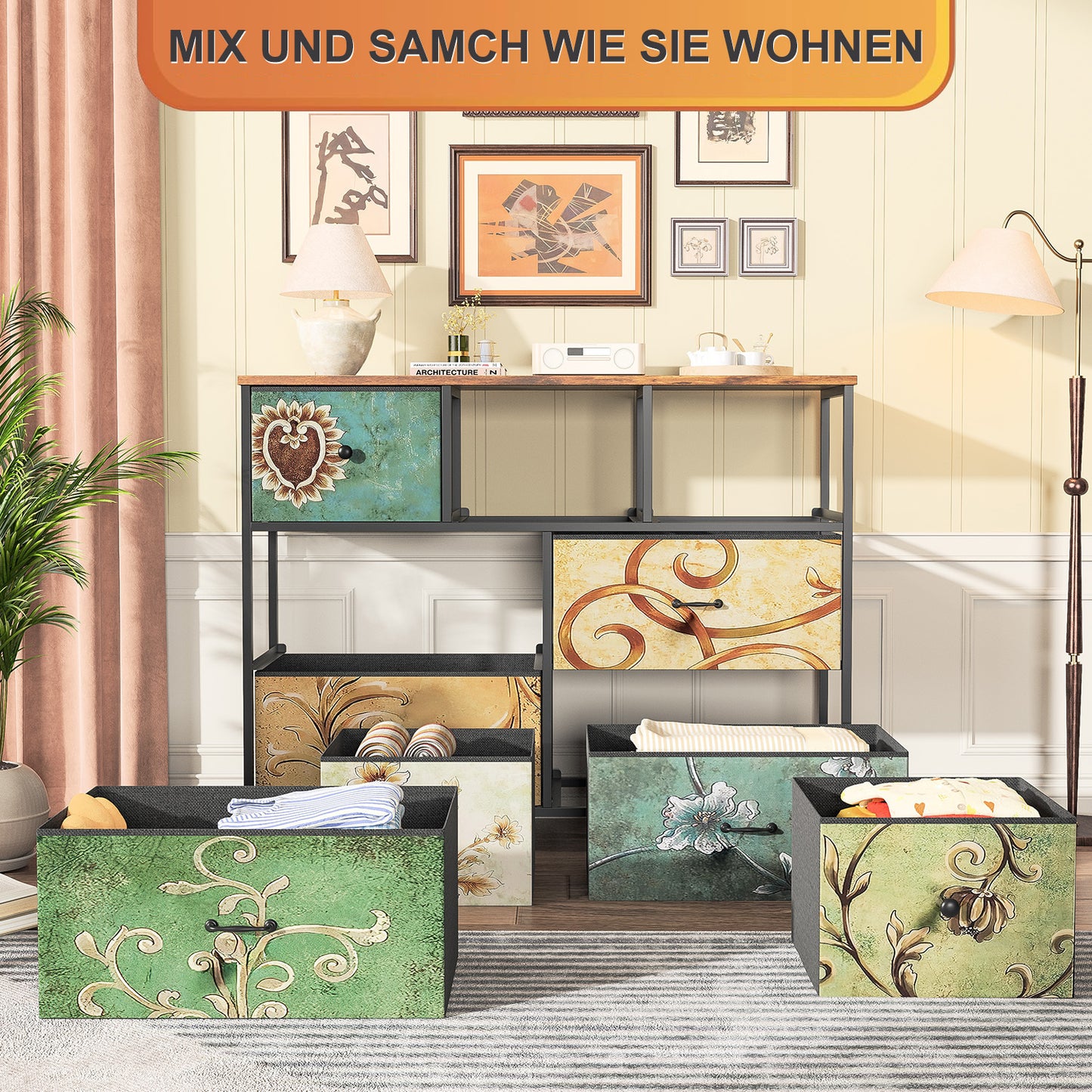 Dressoir – Ladekast – Opbergkast – Kast – Sideboard – Met Metalen Frame – 7 Stoffen Lades – Massief Houten Bovenblad