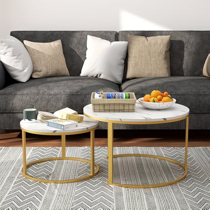 Ronde Salontafel – Koffietafel – Bijzettafel – Sofatafel – Nesting Tafels – Set Van 2 – Witte Marmerlook – Goud Metalen Frame – Ruimtebesparend Design – Stevige Draagkracht
