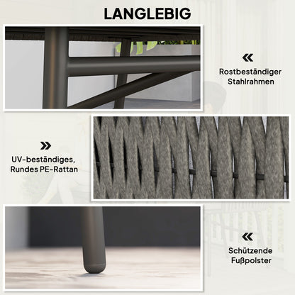 3-delig Tuinset – Balkonset – Bistroset – Terrasset – Loungeset – Kunstrotan – Stalen Frame – Metalen Tafelblad – Waterafstotende Kussens – Compact Design Grijs