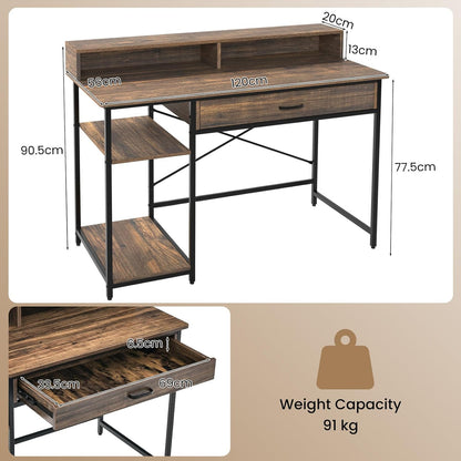 Desk with Drawer, Monitor Stand & 2 Open Shelves, Computer Table with Metal Frame, PC Table, Office Table, 120 x 56 x 90.5 cm, Rustic Brown