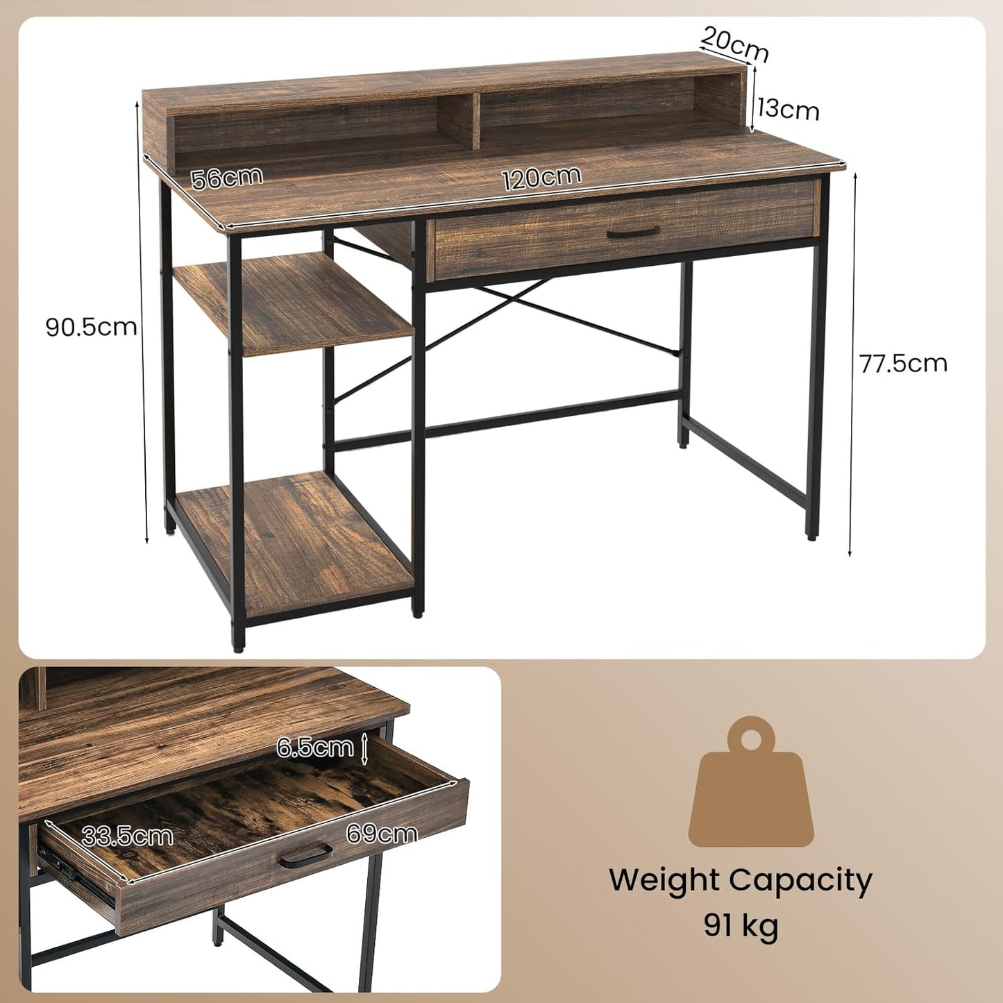 Bureau – Computerbureau – Bureautafel – Werktafel – PC Tafel – Met Lade en Monitorverhoger – Stevig Metaal Frame – 120x56x90,5 cm – Rustiek Bruin