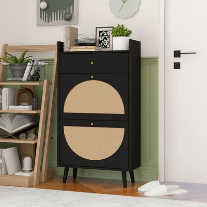 Schoenenkast – Schoenenrek – Schoenenopberger – Halkast – Schoenenbankje – Zwart Rattan Look – 2 Deuren Met Lade – 60 cm Breed – Zonder Achterpaneel