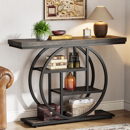 Consoletafel – Sidetable – Sofa Tafel – Haltafel – Accent Tafel – Industrieel Design – 41,3 Inch – Vier Ladeplanken – Hout Metaal – Charcoal Zwart