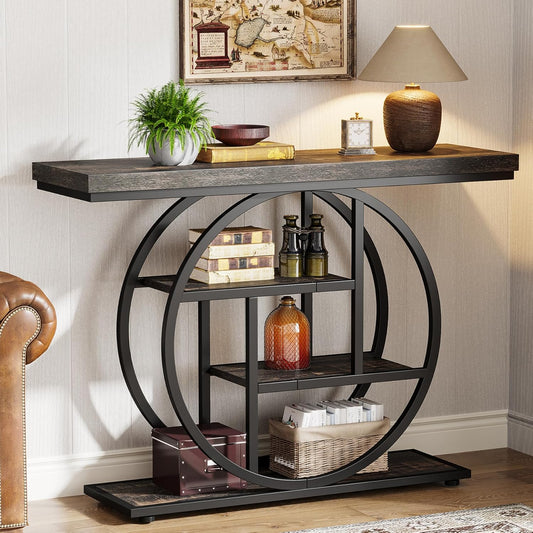 Consoletafel – Sidetable – Sofa Tafel – Haltafel – Accent Tafel – Industrieel Design – 41,3 Inch – Vier Ladeplanken – Hout Metaal – Charcoal Zwart
