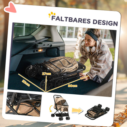 Hondenwagen – Hondenbuggy – Huisdierenbuggy – Wandelwagen – Pet Stroller – Inklapbaar – Veiligheidsharnas – Lichtbruin Stalen Frame