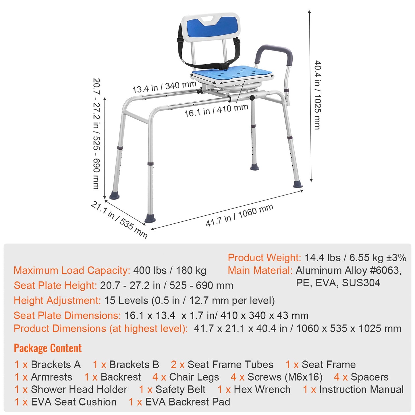 Douchekruk – Douchezitje – Badkruk – Badstoel – Badtransferbank – 360° Draaibare Zitting – Verstelbare Hoogte 52,5-69 cm – Draagvermogen 180 kg – Antislip Pootjes – Zijwaartse Schuiffunctie