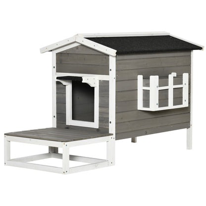 Kattenhuis Tuinhuisje Kattenhuisje Kattenhut Kattenverblijf – Grijs – Verhoogd Met Waterdichte Houten Terras – Afmetingen 115x66,5x74,7 cm
