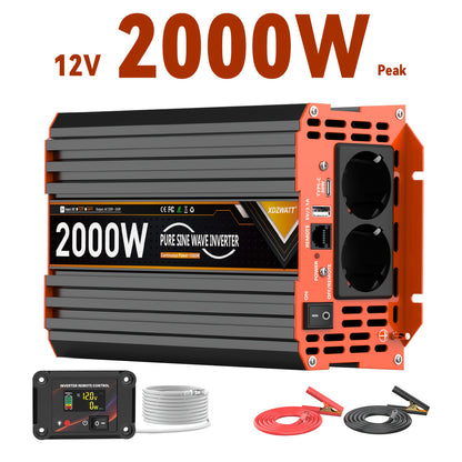 Portable Car Inverter Peak Power 7000W/6000W/4000W/3000W/2000W Power Pure Sine Wave Inverter DC 12V 24V To AC 220V With LCD Display & Remote, 2 EU Sockets | Control Car Power Voltage Converter Power Inverter Multifunction, Wi