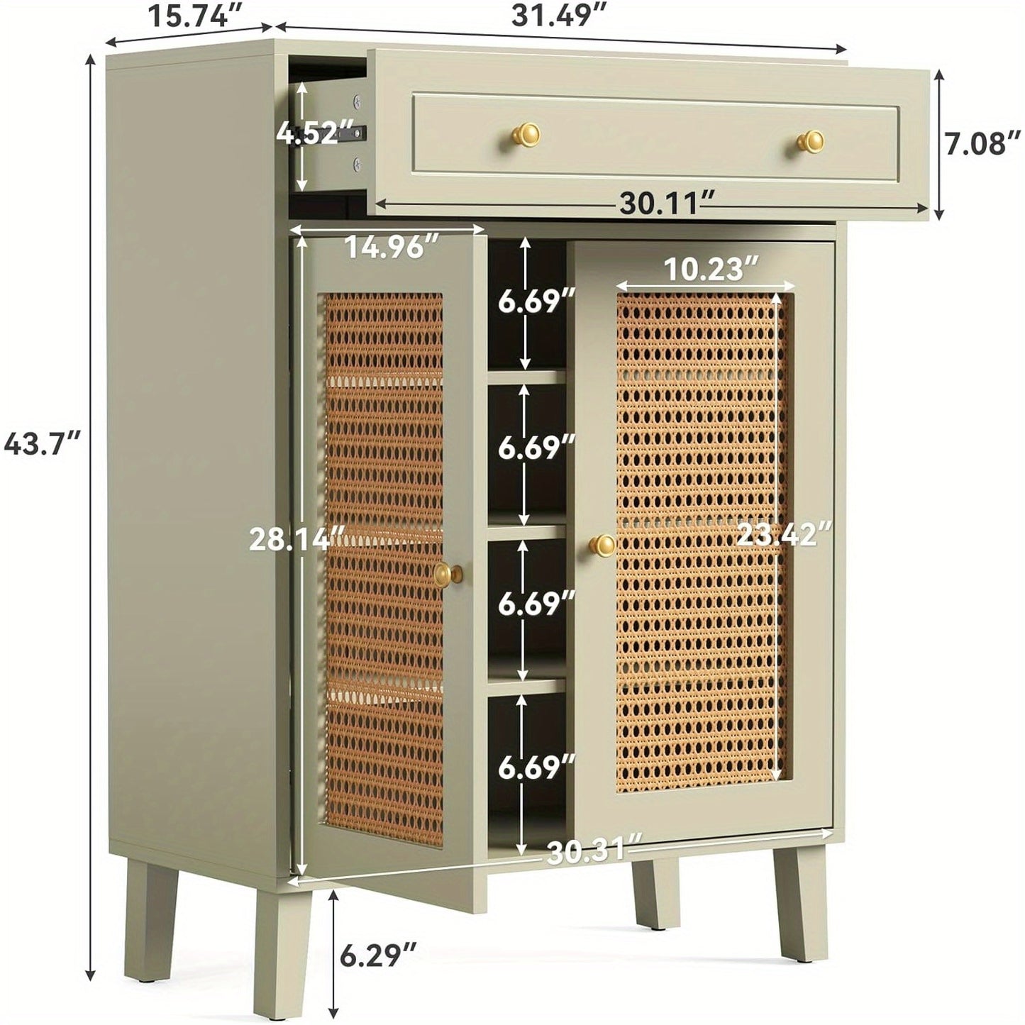 Schoenenkast – Schoenenrek – Schoenenopberger – Halkast – Schoenenkast Smal – Mintgroen Met Rattan Deuren – 4 Verstelbare Planken – Vrijstaand 80x40x111 cm