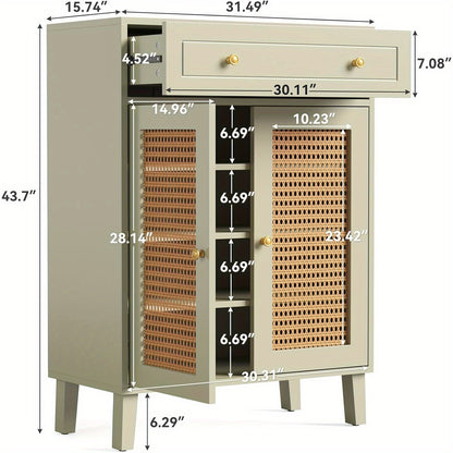 Schoenenkast – Schoenenrek – Schoenenopberger – Halkast – Schoenenkast Smal – Mintgroen Met Rattan Deuren – 4 Verstelbare Planken – Vrijstaand 80x40x111 cm
