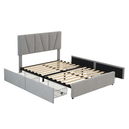 Double/Full Size Upholstered Platform Bed Frame with 4-Side Storage Drawers & Adjustable Headboard - Low-Profile Modern Bed, / Fabric, Metal/MDF Frame, No Box Spring Needed, Fits Twin to King Mattresses (Assembly Required)