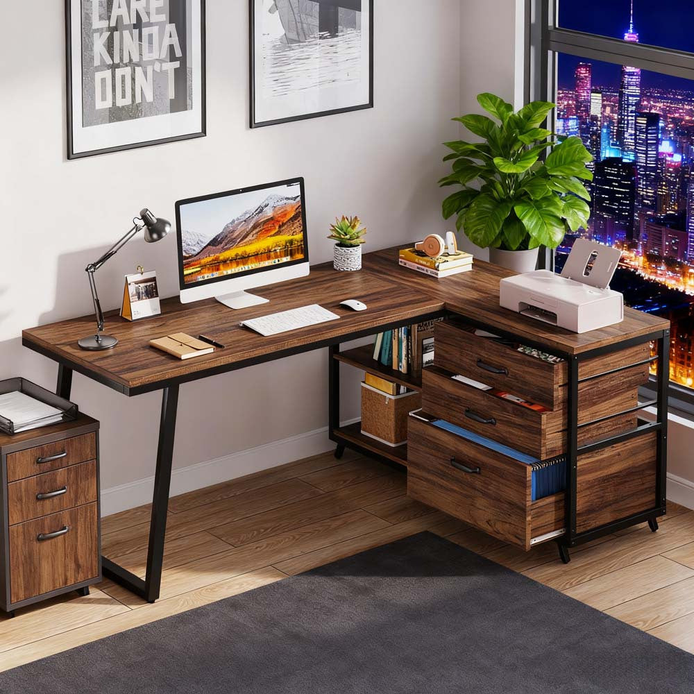 L-vormige bureautafel – hoekbureau – computerbureau – werkplek bureau – studie bureau – Klassieke bruine afwerking – omkeerbaar ontwerp – 3 lades en 2 planken – stevig vezelplaat frame