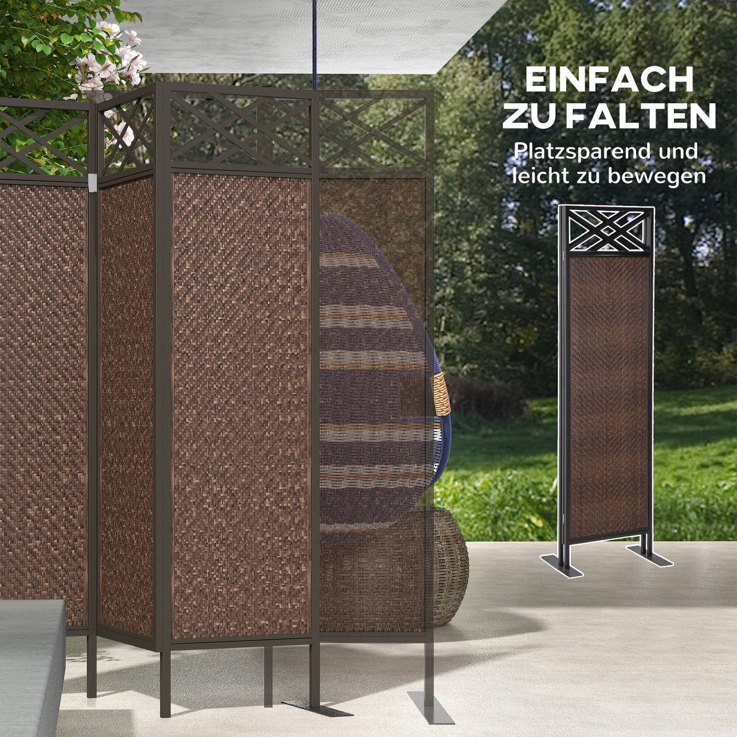 Roomdivider – Scheidingswand – Kamerscherm – Tuinscherm – Privacy Scherm – Vintage Design – Handgeweven PE Rattan – Weerbestendig Stalen Frame – 3 Panelen 148x33x181 cm – Bruin Zwart