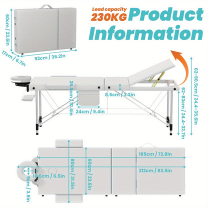 Inklapbare Massagetafel – Massagebed – Behandelingstafel – Therapeutische Tafel – Mobiele Massagetafel – Aluminium Frame – Verstelbare Hoogte 62-83 cm – Draagkracht 230 kg – Wit