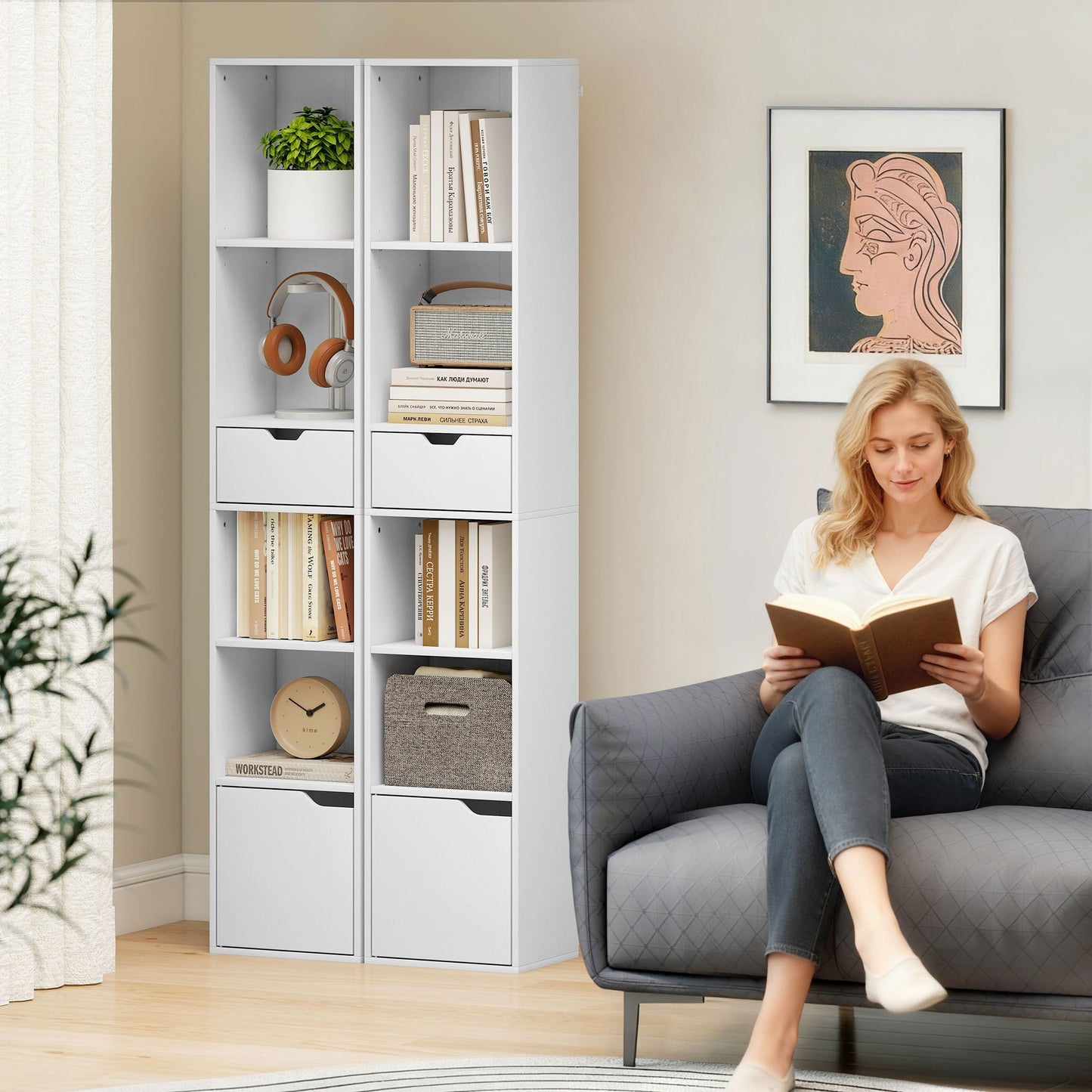 Boekenkast – Boekplank – Opbergkast – Vakkenkast – Rek – Wit – 6 Niveaus – 3-Traps Verstelbare Plank – Lade & Kastdeur
