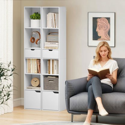 Boekenkast – Boekplank – Opbergkast – Vakkenkast – Rek – Wit – 6 Niveaus – 3-Traps Verstelbare Plank – Lade & Kastdeur