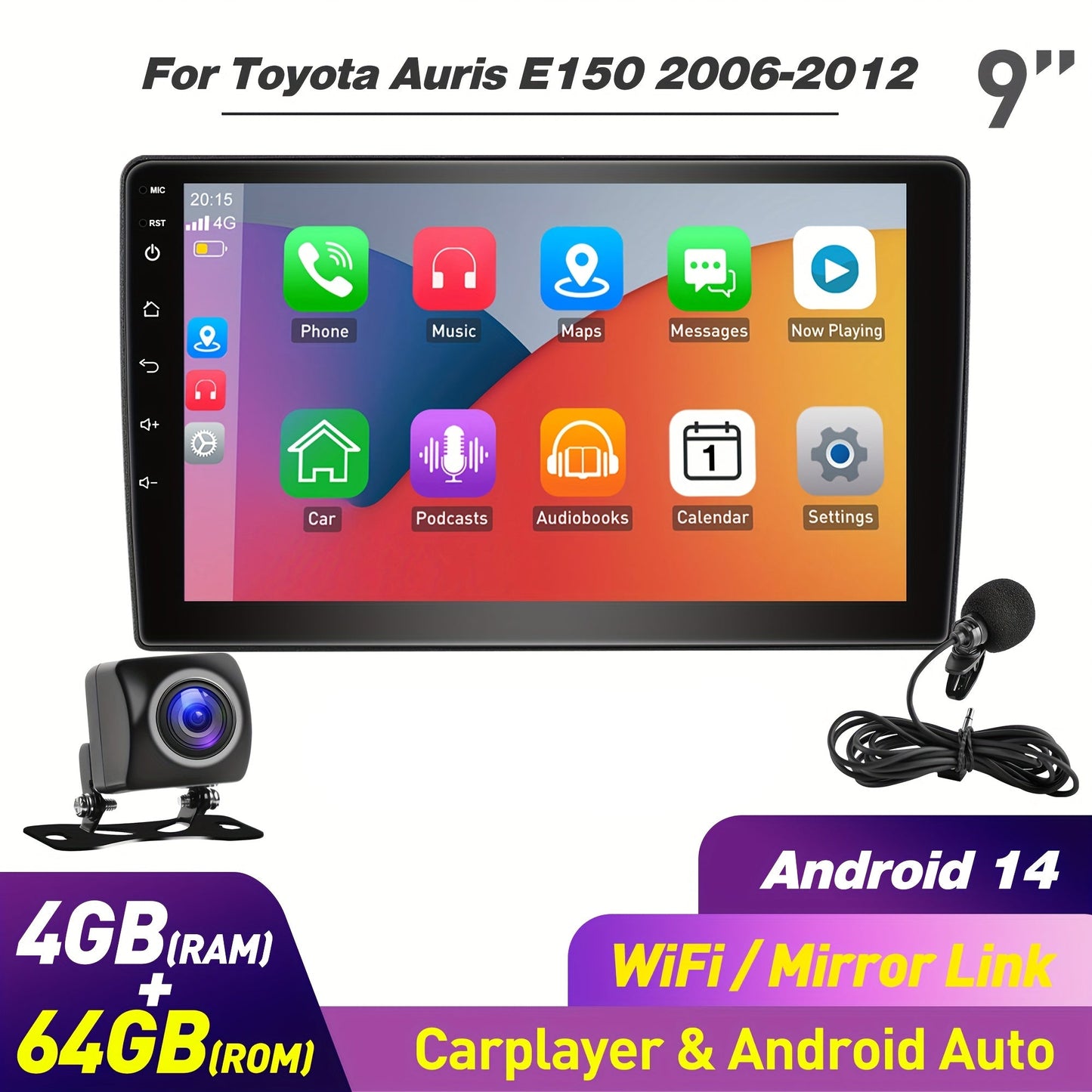 Android Autoradio – Multimedia Speler – 2-DIN Navigatiesysteem – Touchscreen Radio – Carplay Systeem – 9 Inch IPS Scherm – Android 14 Met Camera & Microfoon