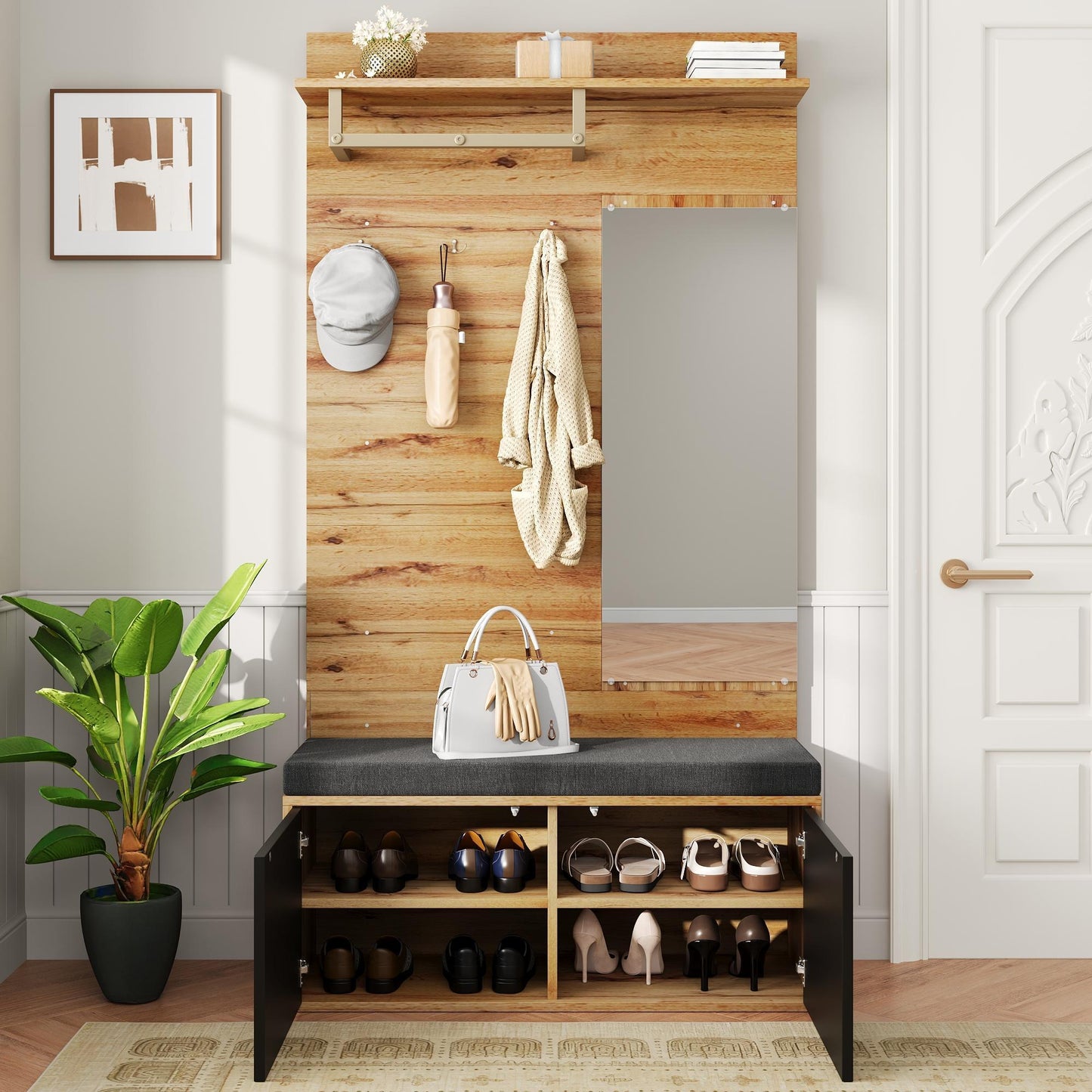 BTM Compact Wardrobe / Hallway Furniture Set with Mirror, Bench, Shoe Cabinet, Hooks, and Shelf in Wood Look, Space-Saving Wardrobe for Hallway & Entryway, 100×38×190 cm