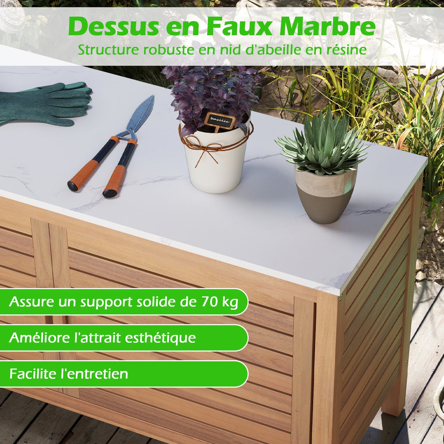 Tuinkast – Opbergkast – Tuinkisten – Tuinberging – Buitenopslag – Acaciahout – Marmereffect Bovenblad – Dubbele Deuren Met Handgrepen