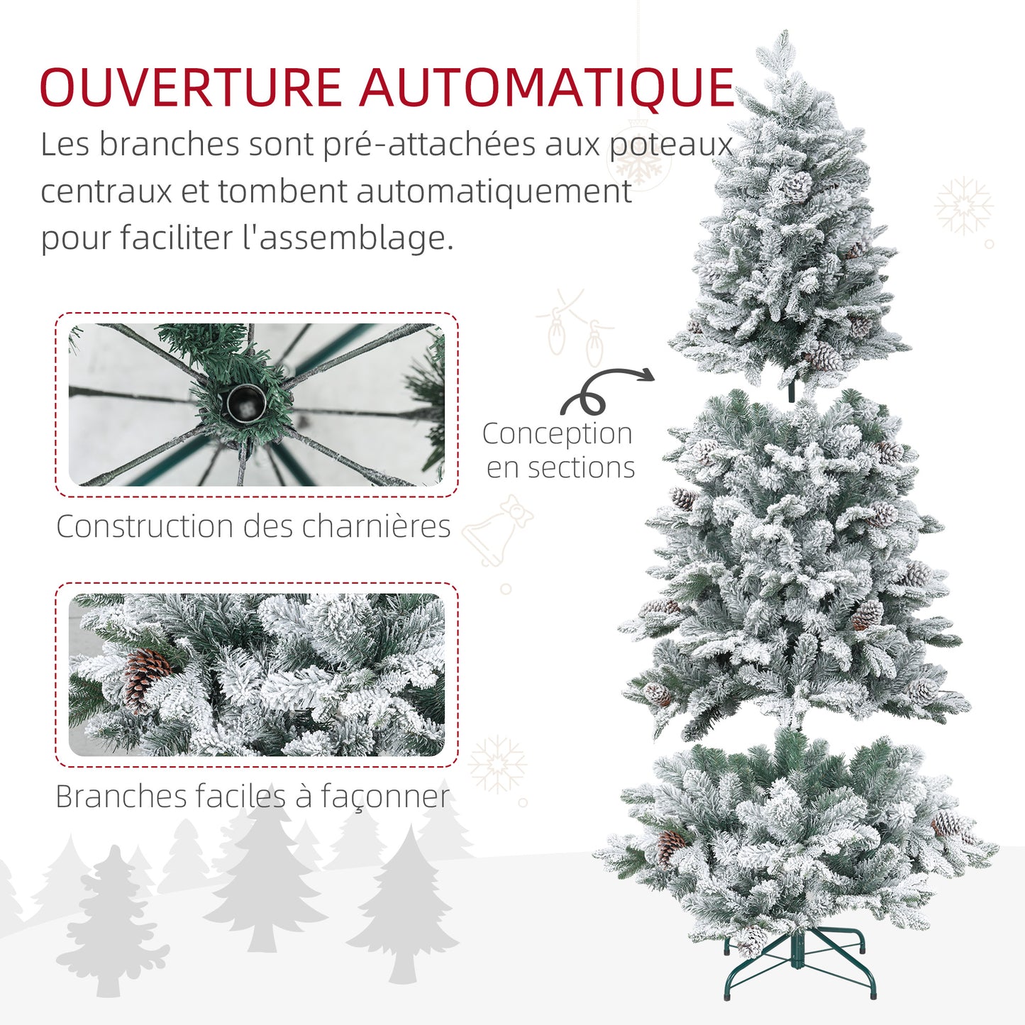 Kunstkerstboom – Kunstmatige Kerstboom – Kerstboom Met Takken – Decoratieve Kerstboom – Sneeuwkerstboom – 180 cm Hoog – 1489 Takken Met Denappeldecoratie