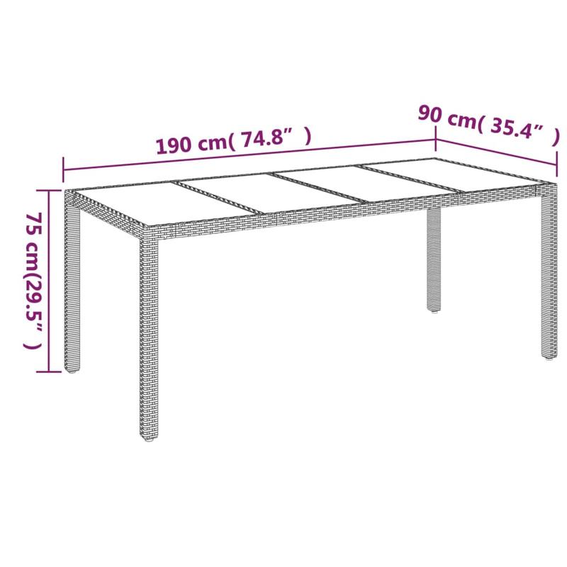 Tuintafel – Buiten Tafel – Tuinmeubel – Terrastafel – Rattan Tafel – Grijs – Weerbestendig Poly Rattan – Glas Tafelblad 190x90x75 cm