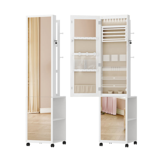 Sieradenkast – Juwelenkast – Spiegelkast – Opbergkast – Organizer – 5-in-1 Design – Volledige Spiegel met 8 LED Verlichting – MDF Wit en Beige
