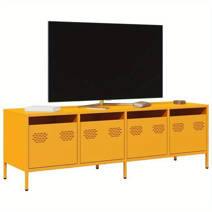 Tv-meubel – Tv-kast – TV-meubel – TV-kast – Meubel – Mosterdgeel – Modern Design – Koudgewalst Staal – 134x39x43 cm – Ruime Opbergruimte – Decoratieve Planken