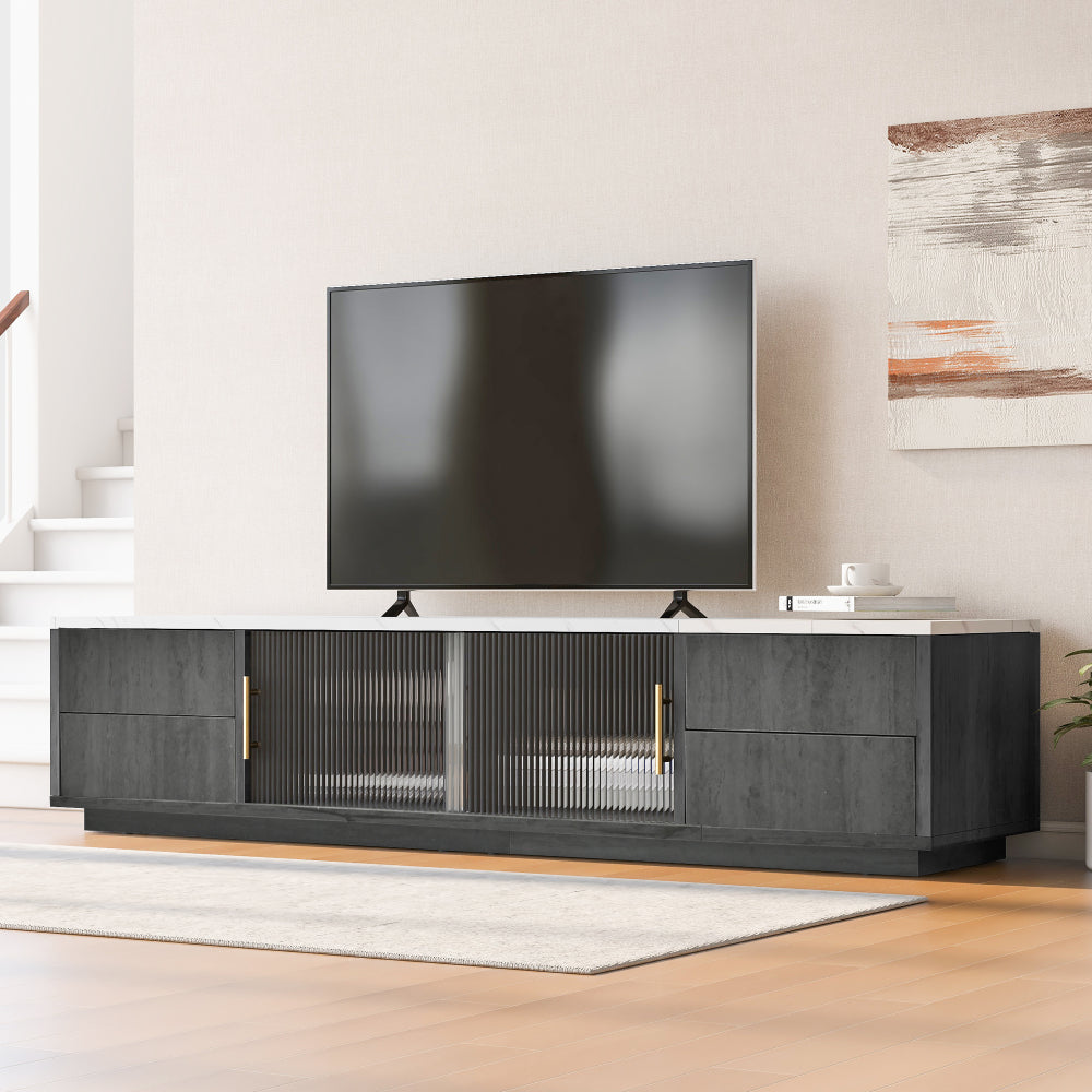 Modern Luxury TV Stand for 70-inch TVs Compatible for 165.1/190.5/177.8 cm Screens - Heavy-Duty Metal Frame with Marble-Patterned Tabletop, Cable Management System & Push-to-Open Drawers - Non-Wood Media Console for Large TVs