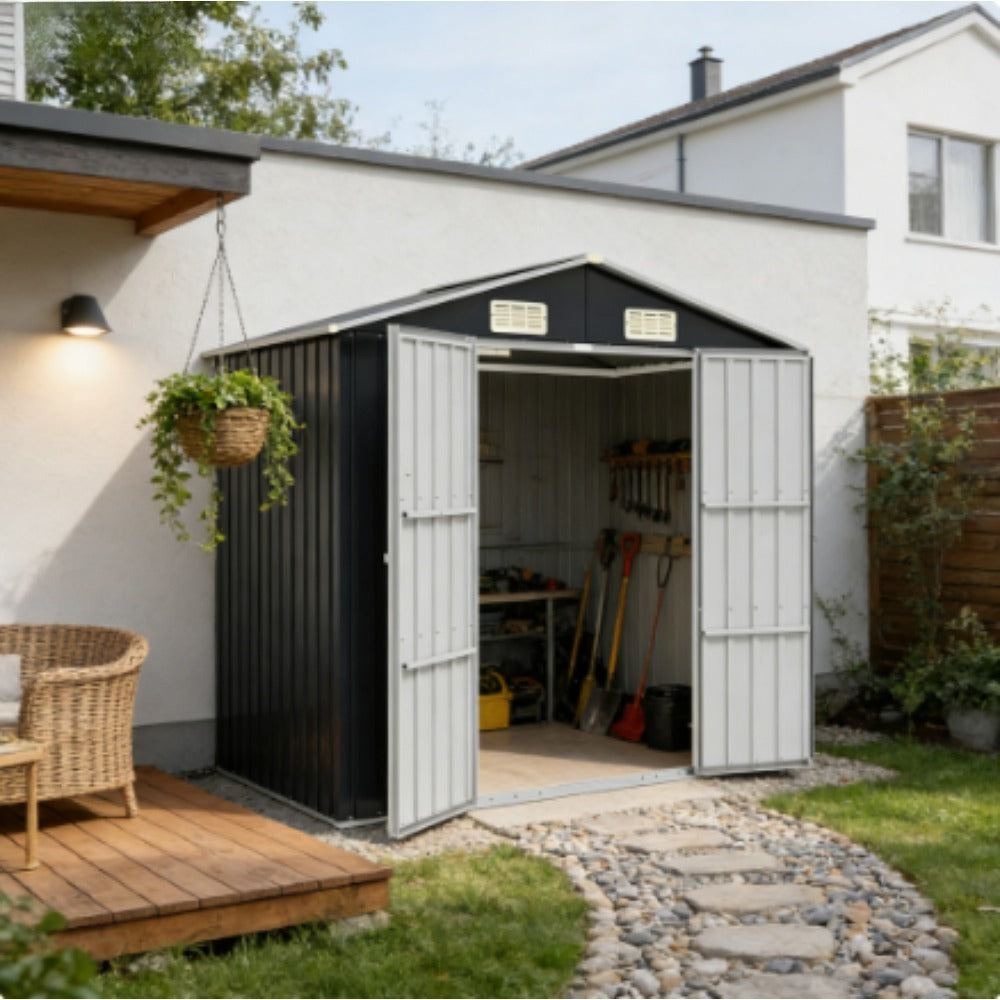 Tuinberging – Tuinschuur – Tuinhuis – Berging – Opslagunit – Gegalvaniseerd Staal – Compact 205x129x183 cm – Dubbele Schuifdeuren – Ventilatieluiken – Antraciet