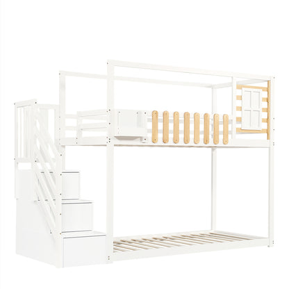 Wit Stapelbed – Kinderbed – Hoogslaper – Bovenbed – Stapelbed Met Veiligheidsnet – Drie-Delige Opbergladder – Ruimtebesparend Twin/Full Bed – Stevige Ladder Met Bescherming