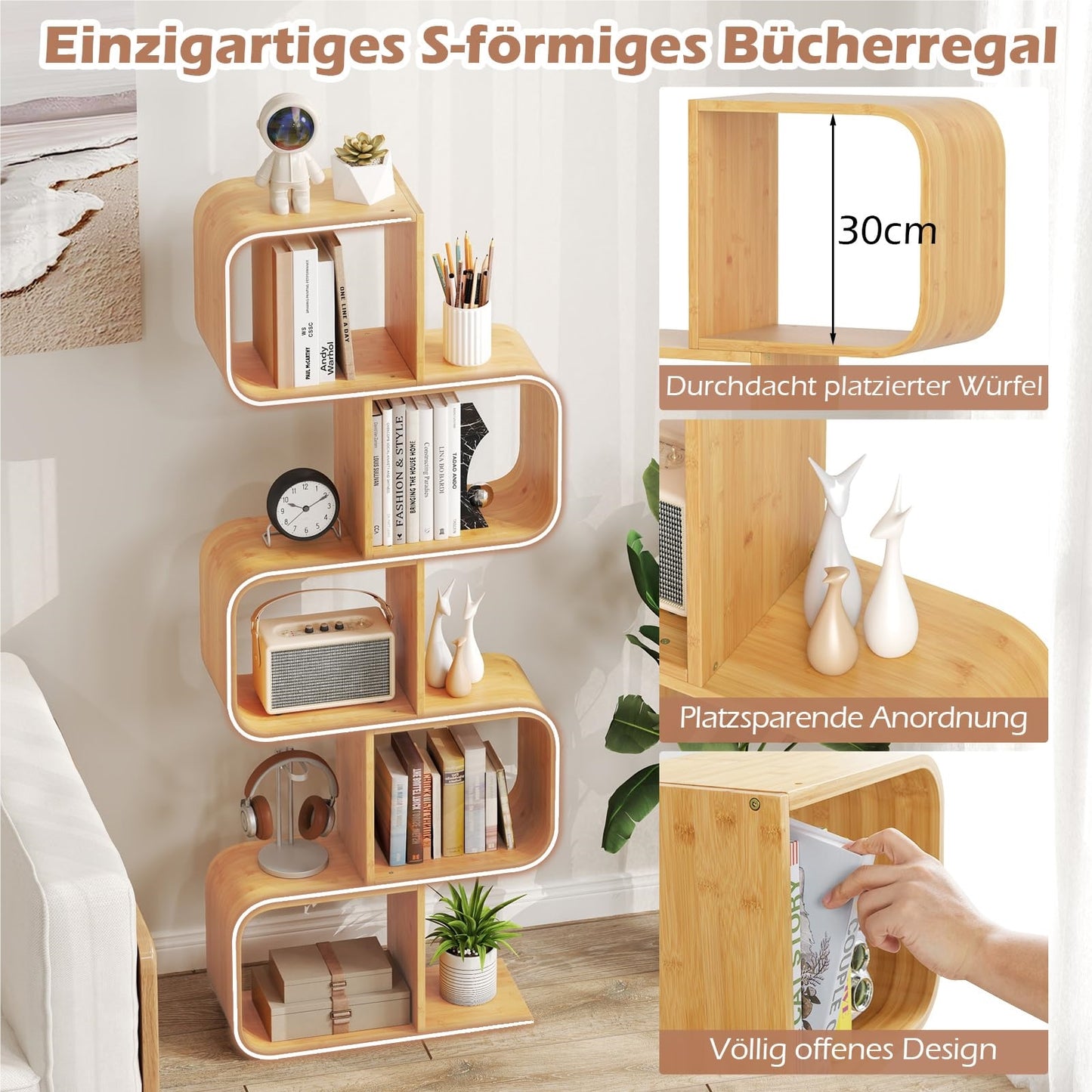 S-vormige Boekenkast – Bamboe Plank – Cube Rek – Geometrische Opbergkast – Decoratieve Wandplank – Duurzaam Natuurlijk Materiaal – Compact Ruimtebesparend Design