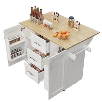 White Modern Mobile Kitchen Island with Removable Divider & Adjustable Casters - Heavy-Duty Metal Frame, Woodgrain Worktop, Storage Cabinets with Shelves & Drawers, Towel Rack - Space-Saving Rolling Cart for Small Kitchens, D