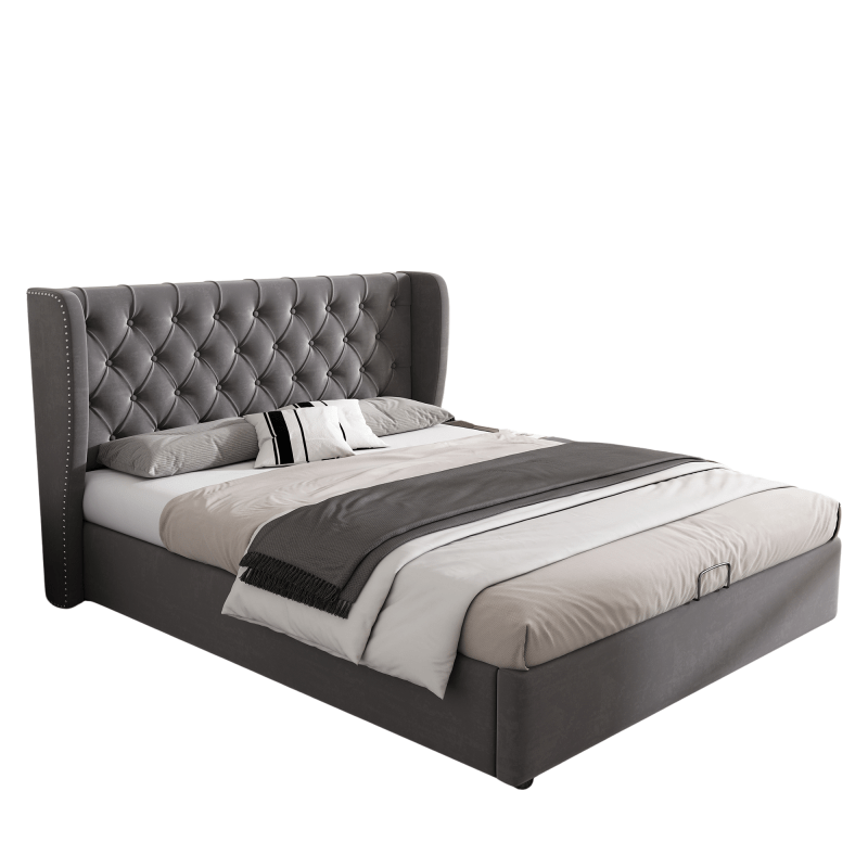 Packaged bed in the shape of a velvet double bed 140190 Hydraulic functional bed with slatted base and gray storage space