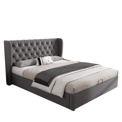 Packaged bed in the shape of a velvet double bed 140190 Hydraulic functional bed with slatted base and gray storage space