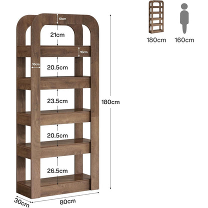 6-laagse houten boekenkast – open kast – boekenrek – opbergmeubel – wandkast – bruine kleur – 178 cm hoog – duurzaam massief hout met anti-kantelbeugel