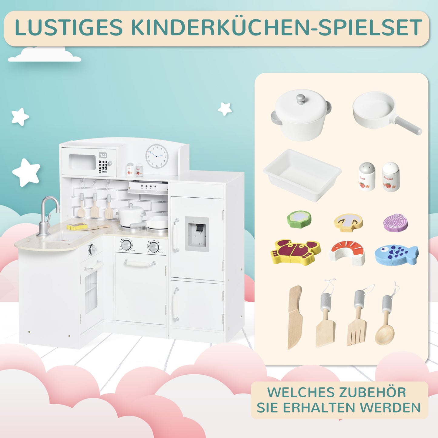 Speelkeuken – Kinderkeuken – Speelkeukentje – Speelkeukentje Voor Kinderen – Wit – 14-delige Accessoireset – Elektrische Waterdispenser – Afmeting 86x64x84,5 cm