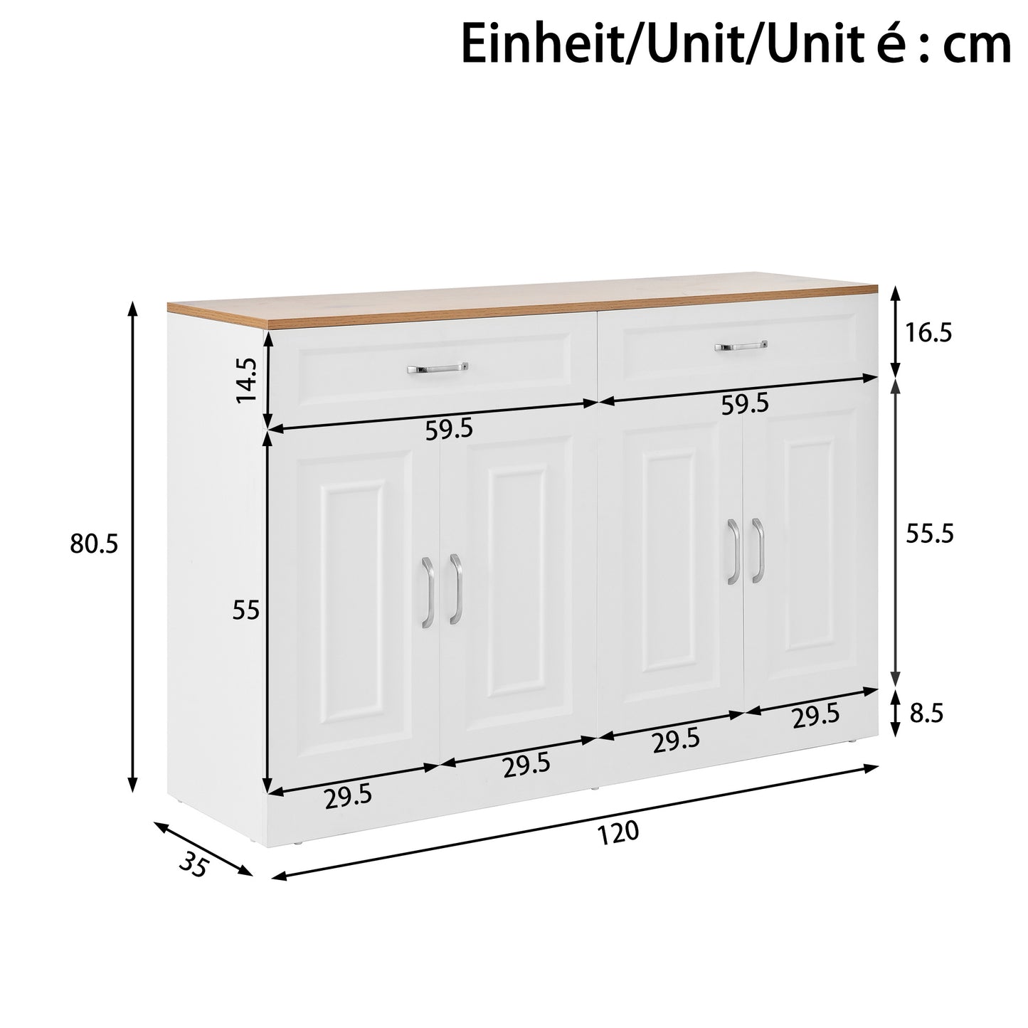 Sideboard – Dressoir – Kast – Opbergmeubel – Buffetkast – Wit Met Houtlook Bovenblad – Verstelbare Planken En Kantelbeveiliging – 120x35x80,5 cm