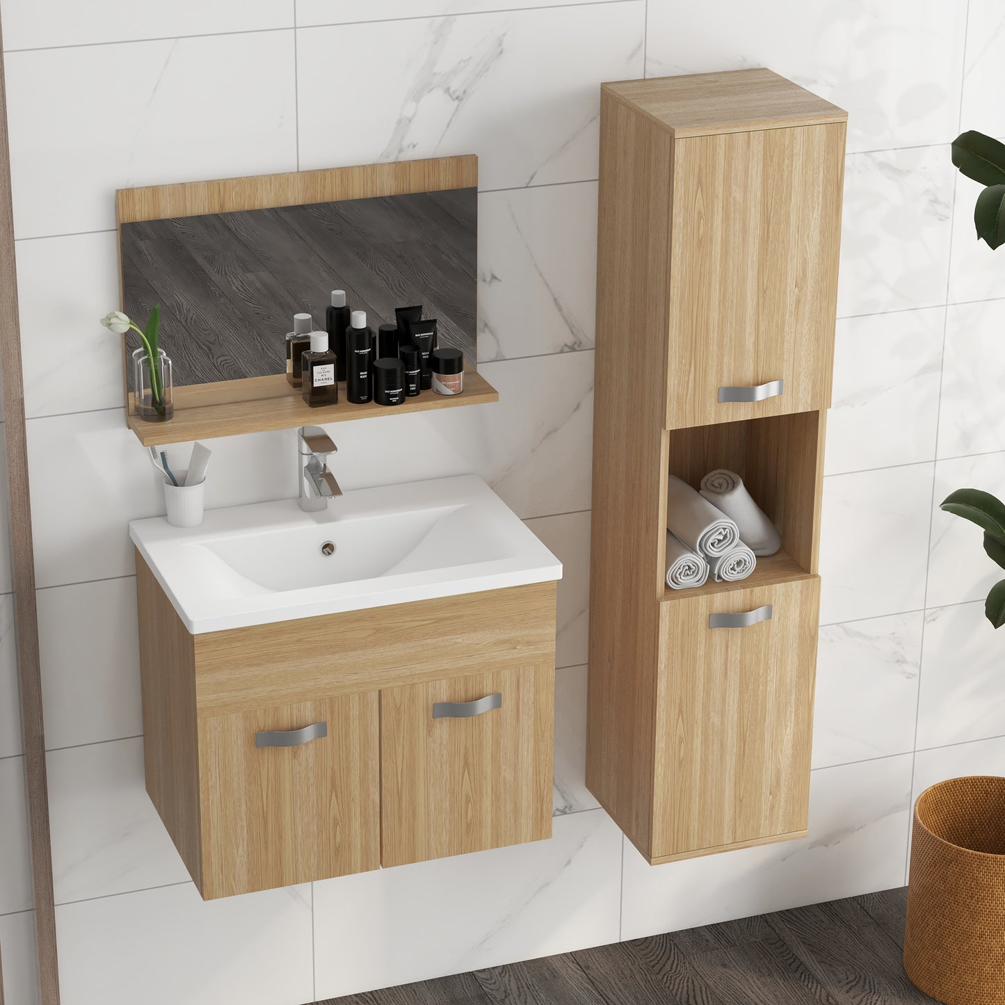 Badmeubelset – Badkamermeubel – Wastafelmeubel – Spiegelkast – Kolomkast – Zwevend Ontwerp – Keramische Waskom – Verstelbare Planken – Natuurlijke Houttinten
