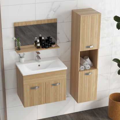 Badmeubelset – Badkamermeubel – Wastafelmeubel – Spiegelkast – Kolomkast – Zwevend Ontwerp – Keramische Waskom – Verstelbare Planken – Natuurlijke Houttinten