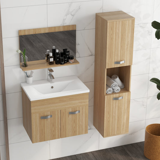 Badmeubelset – Badkamermeubel – Wastafelmeubel – Spiegelkast – Kolomkast – Zwevend Ontwerp – Keramische Waskom – Verstelbare Planken – Natuurlijke Houttinten