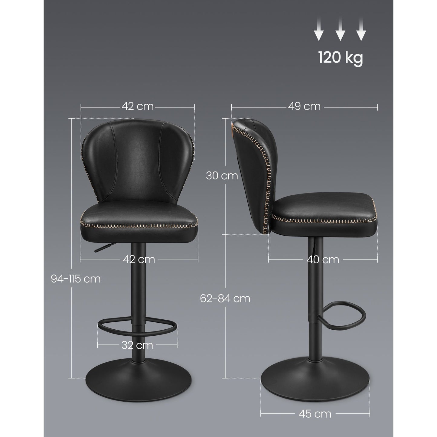 Barkrukken – Barstoelen – Barkruk – Keukenstoelen – Krukken – Verstelbaar 62-84 cm – 360° Draaibaar – Kunstleren Bekleding – Zwart