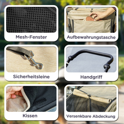 Hondenwagen – Wandelwagen – Draagkar – Huisdierwagen – Kinderwagen Hond – Lichtgewicht & Inklapbaar – Wasbaar Kussen & Mesh Ramen – Khaki