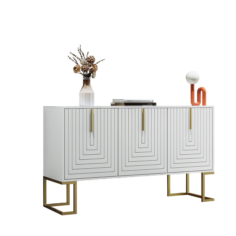 Dressoir – Opbergkast – Buffettafel – Kast – Ladekast – Modern Design – 3 Deuren Met Verstelbare Planken – Witte Afwerking Met Gouden Basis