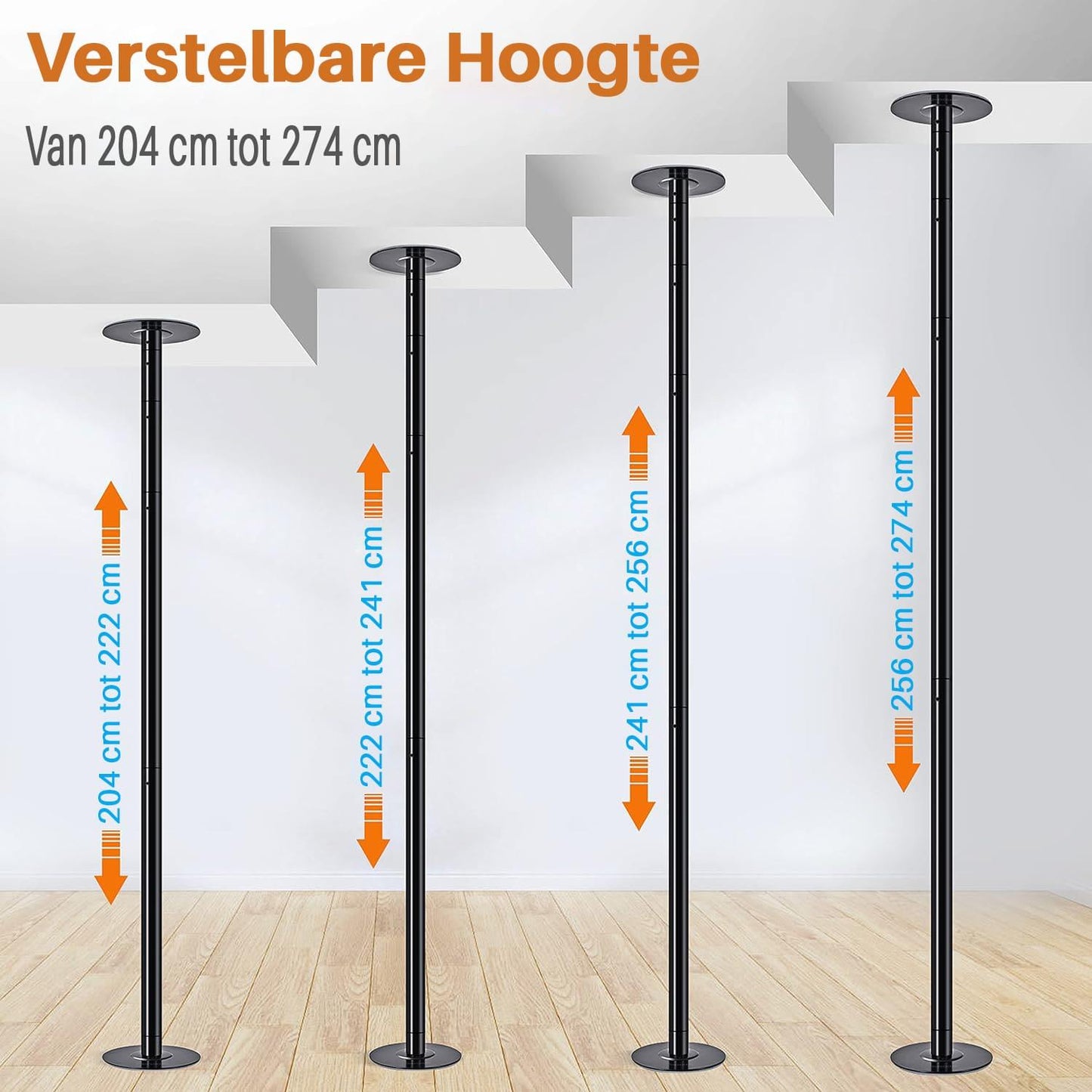 Pole Dance Paal – Danspaal – Fitnesspaal – Turnpaal – Trainingpaal – Zwart – Verstelbare Hoogte 203-274 cm – Stabiel Stalen Ontwerp Tot 500 kg