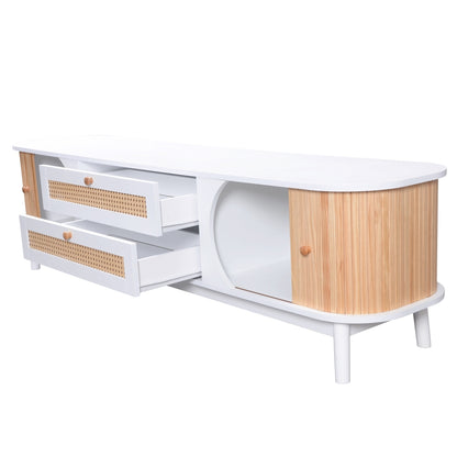 Rustic Modern TV Stand with Doors & Drawers - Solid Wood-Like, Rattan-Side Doors, Sturdy Metal-Free, Natural Wood-Look for Furniture - Easy Assembly (Compatible with TVs & Media Players)